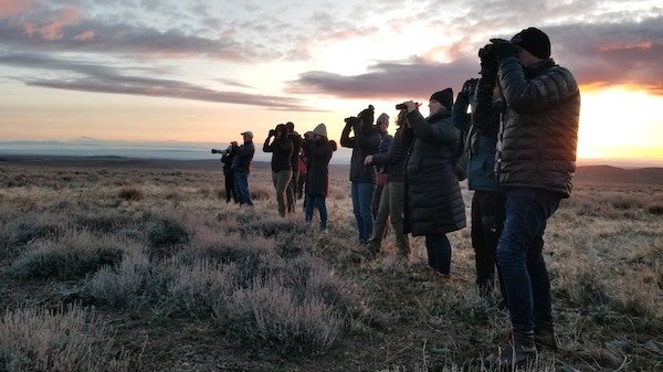 A group of persons watch the landscape at dawn