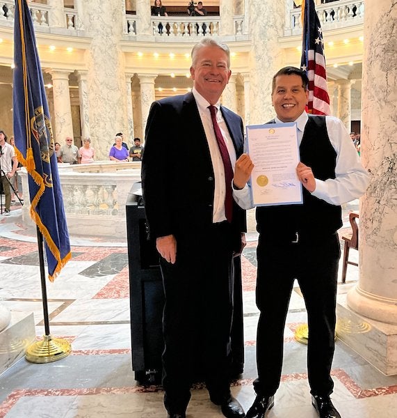 JJ Saldaña and Gov. Brad Little