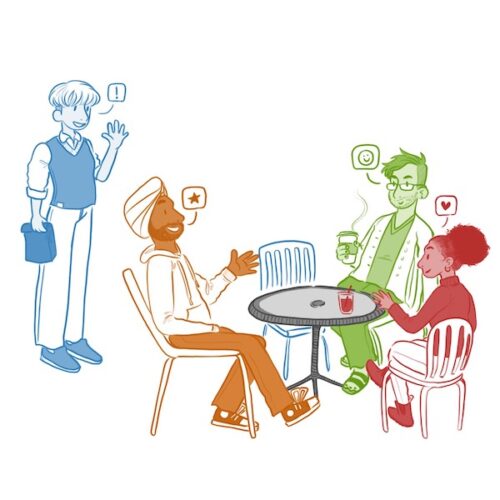 a piece of art depicting cartoonish characters of different cultures and genders welcoming each other at a table