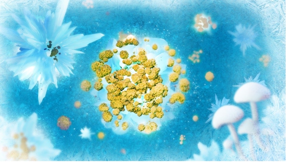 graphic design illustration of mold spores at the center of the creation of ice in water 