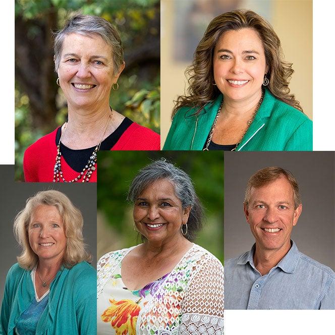 Collage of College of Health Sciences Spring 2024 retirees: Sarah Toevs, Shelle Poole, Tim Kempf, Olgie Castillo and Shawn Dunnagan