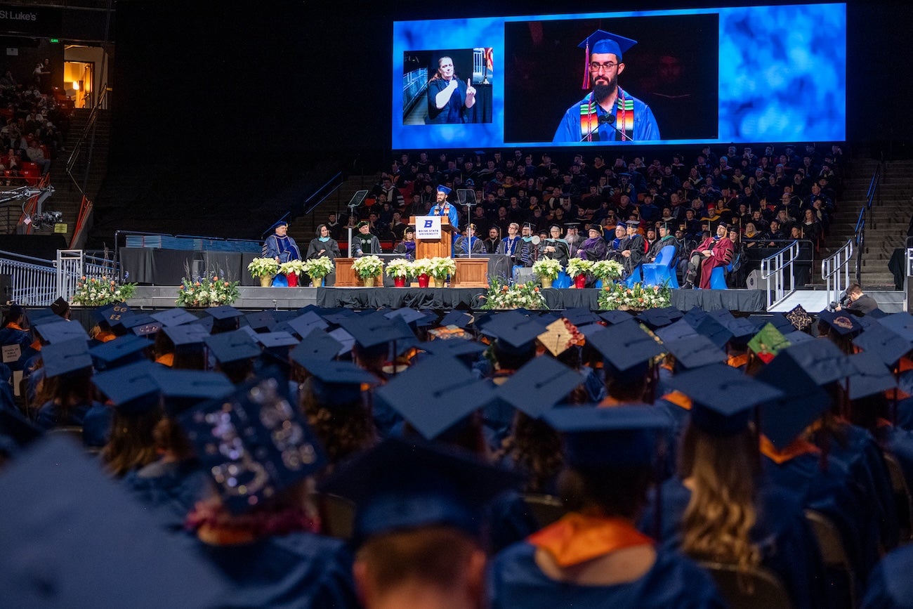 A commencement speaker on stage