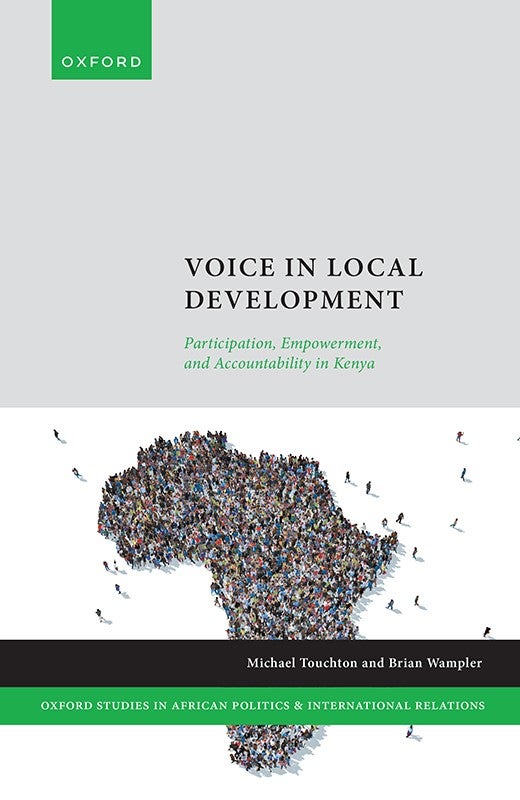 A book cover: "Voice in local development" Featuring the shape of the continent of Africa composed of individual persons