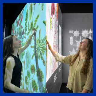 two photos have been merged together. In each photo, a different young woman interacts with a digital screen using her hands
