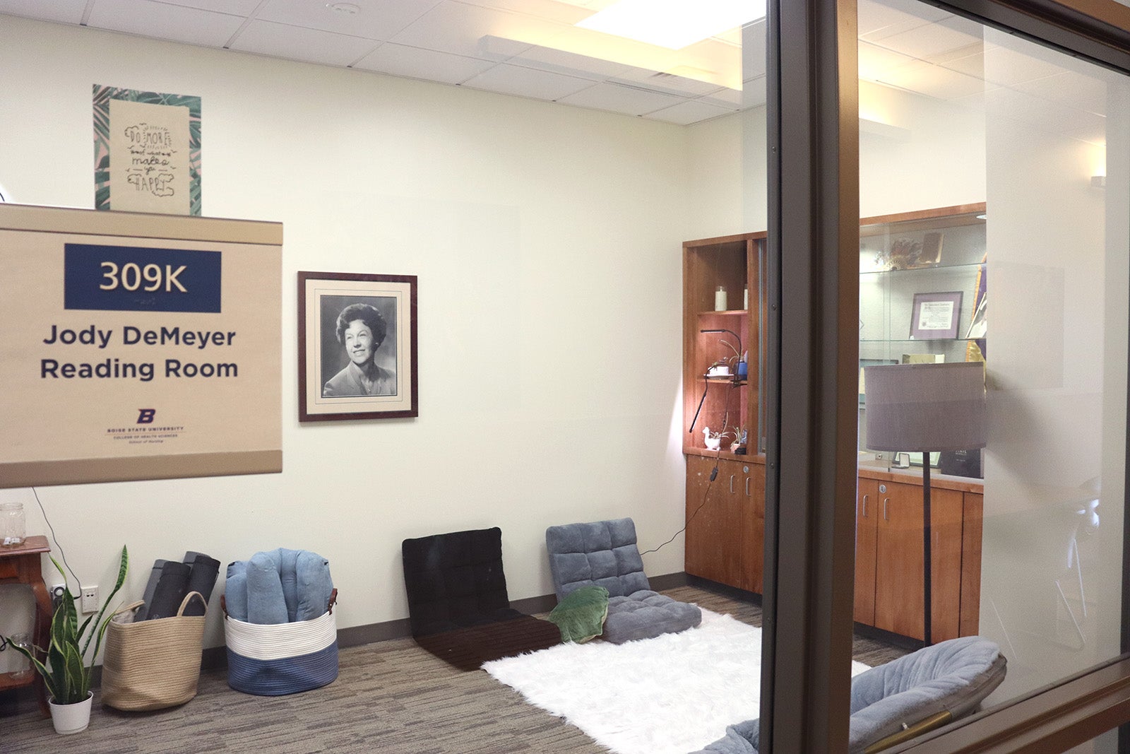 Jody DeMeyer Reading Room is a self care space with plants, yoga mats and comfy chairs