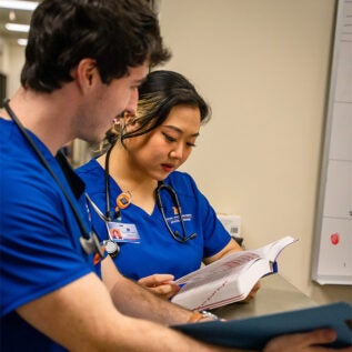 Two nurses in scrubs stand at a counter and look over a chart and book.