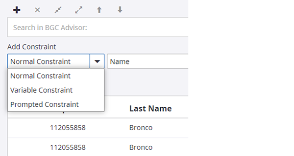 Perceptive screen showing how to select a constraint from the drop-down menu.
