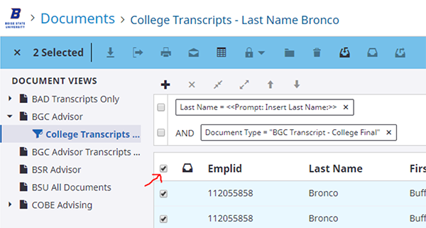 Perceptive screen showing the "Select All" checkbox to select all documents and open a new toolbar.