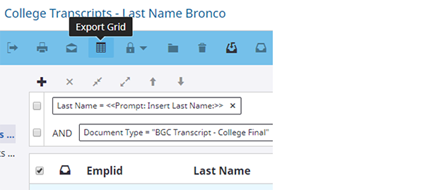 Perceptive screen showing to click the "Export Grid" icon to export your view.