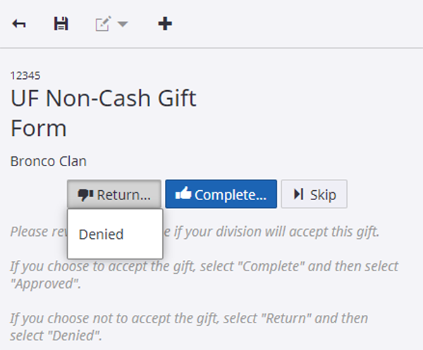 Perceptive screen showing the "Return" and "Complete buttons to deny or approve the document.