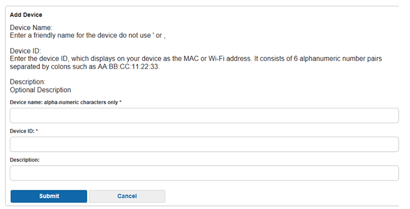 Submit device for registration – screenshot