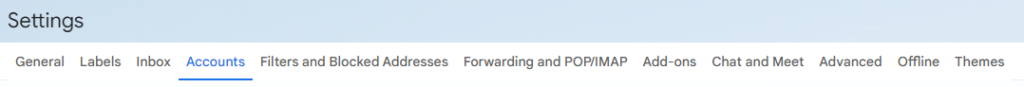 Accounts tab in Gmail settings