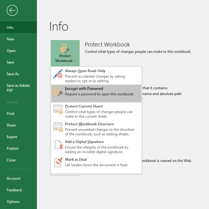 Screenshot of how to encrypt an excel file
