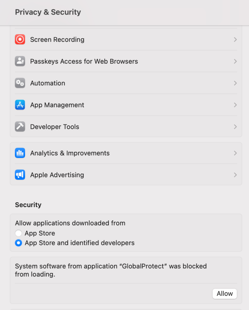 GlobalProtect Mac privacy and security settings
