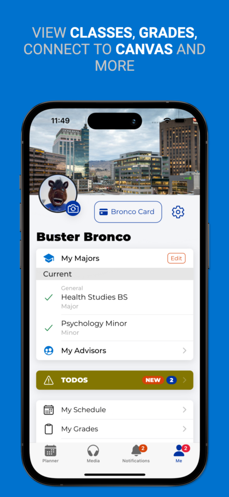 Screenshot of new student center screen allowing you to view classes, grades, and connect to Canvas.