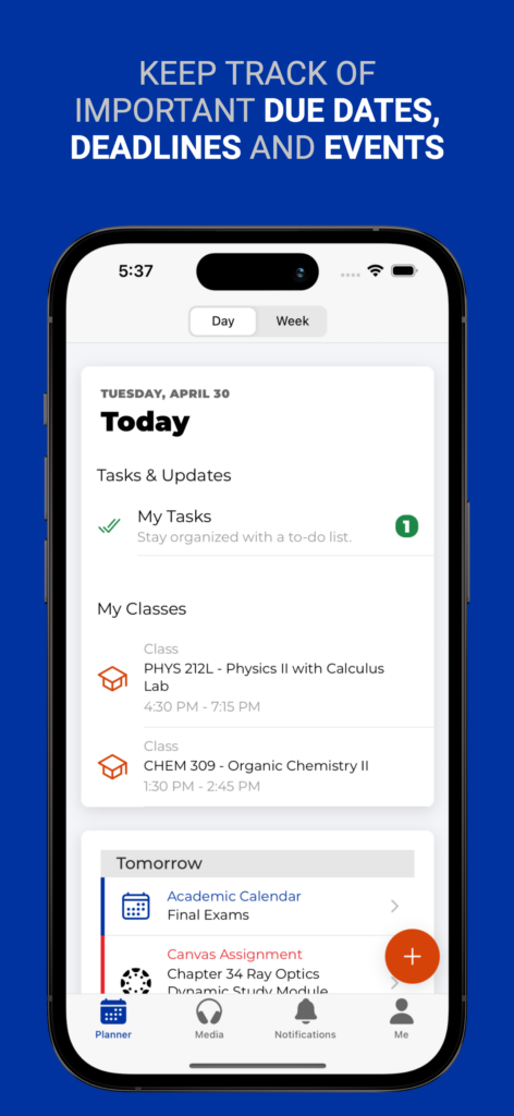Screenshot of Today screen, allowing you to keep track of important due dates, deadlines and events.