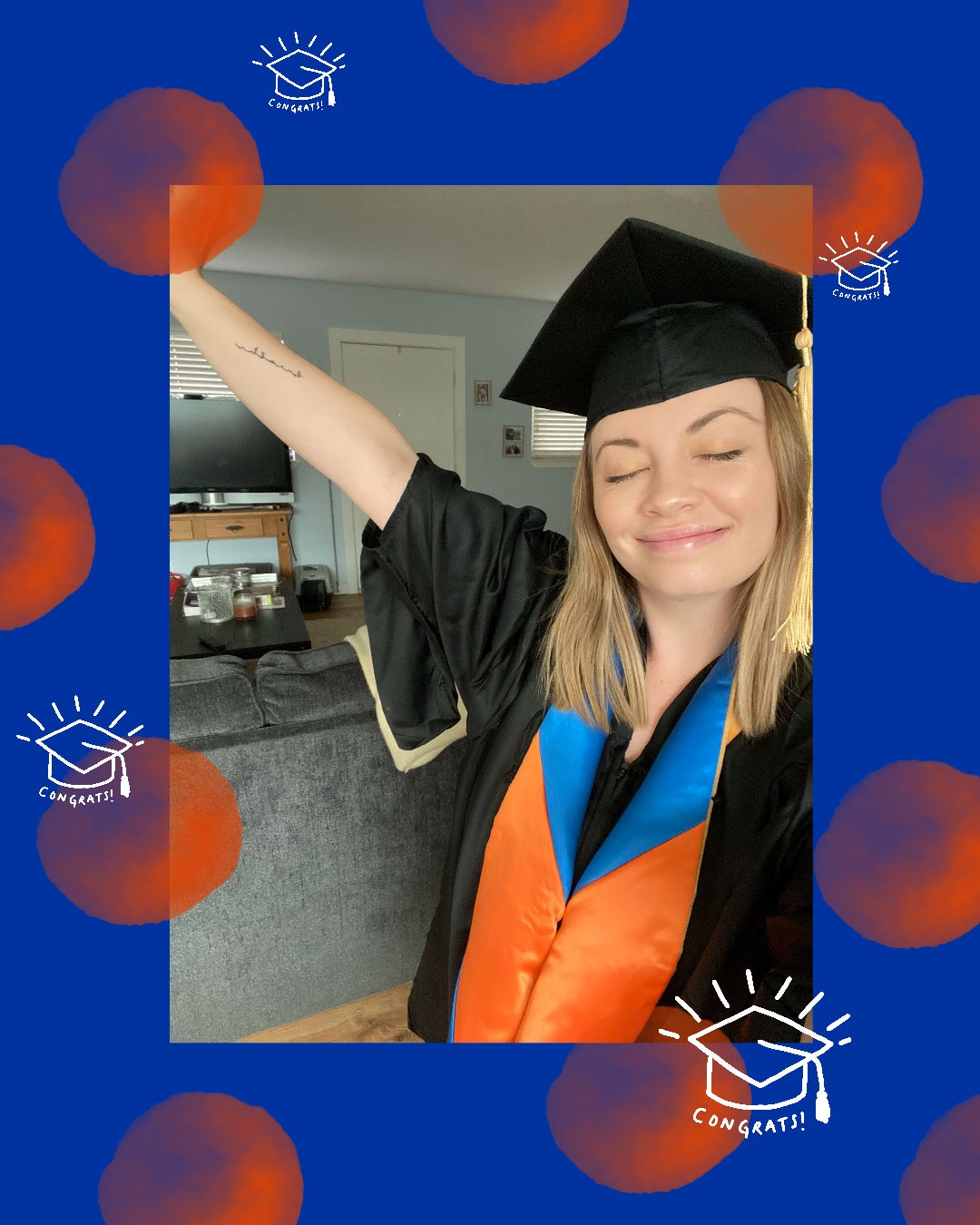 Juliet Forbes poses in graduation regalia and smiles widely into camera