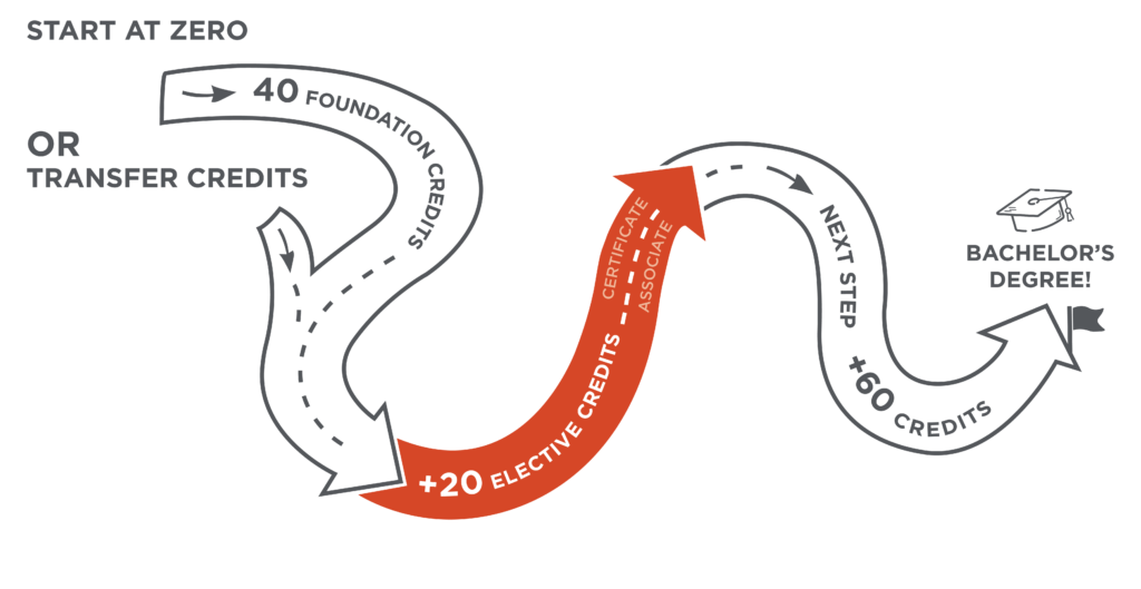 Map of a student's journey in the Online Degree Pathway. Refer to the webpage for text description.