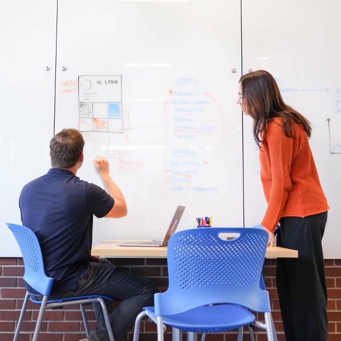 Two students where the first student is drawing a website UX case on a whiteboard and the second student is looking at the whiteboard