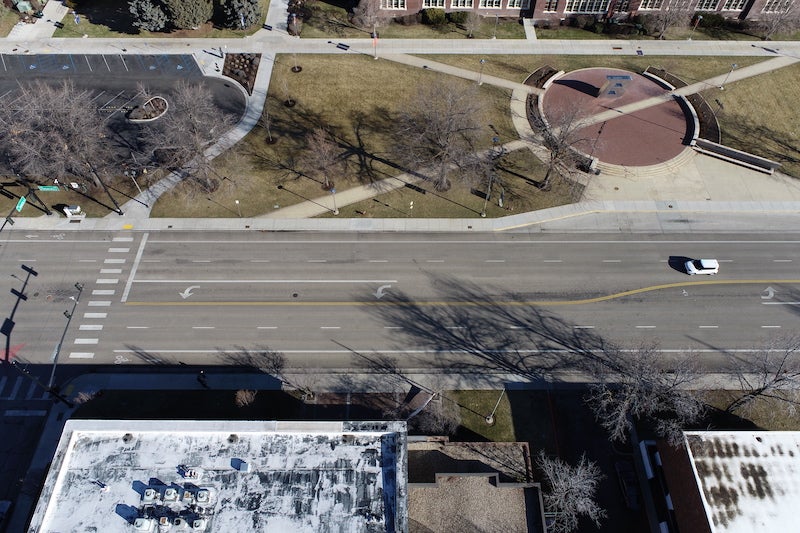 University Drive at B Plaza as it exists now.
