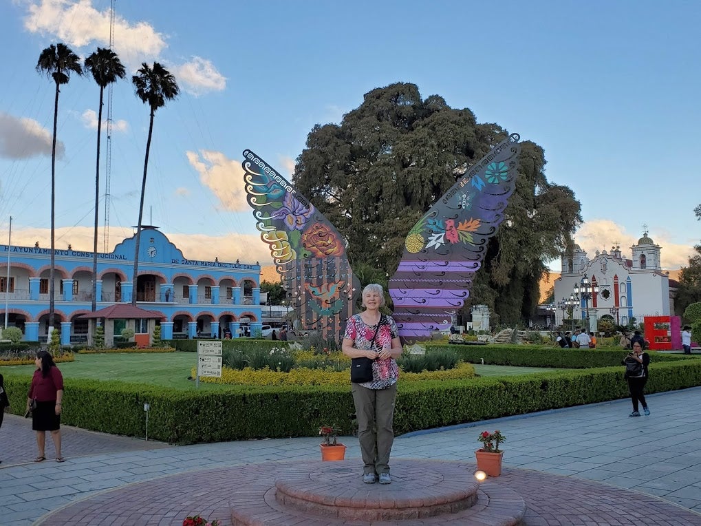 Cindy Anson in front of a butterfly wings sculpture