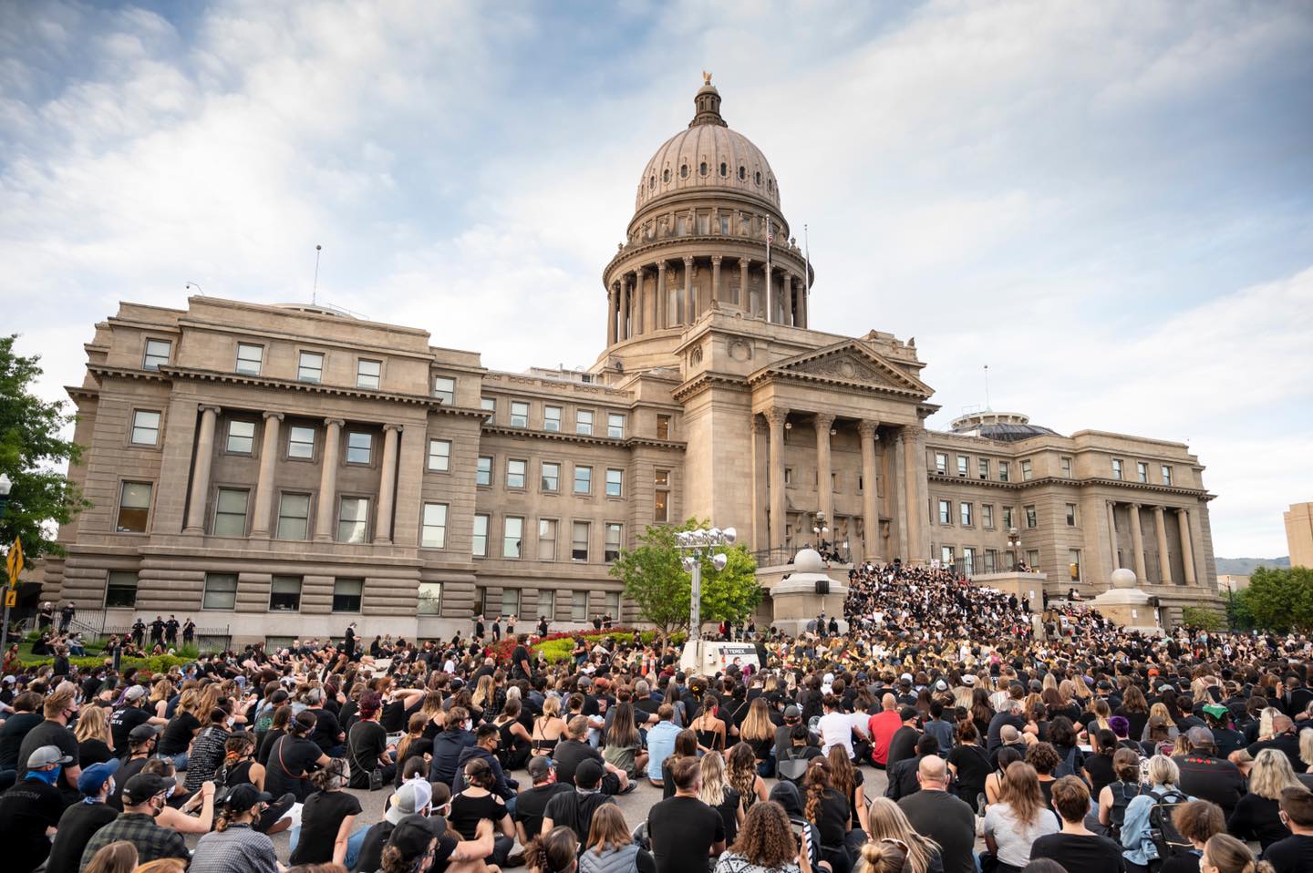 Crowd of people in front of Boise Idaho Capital building.