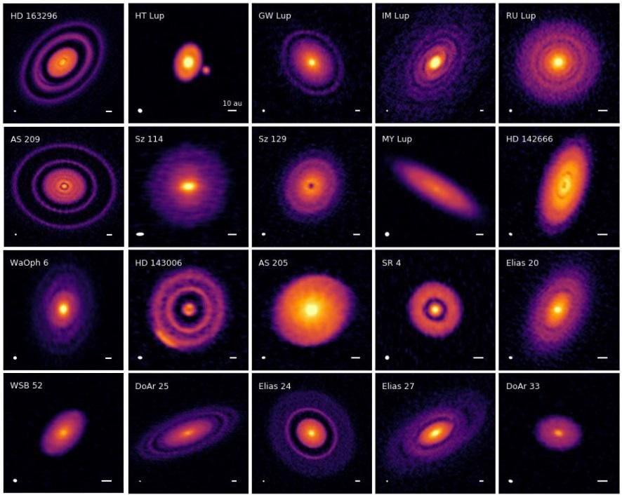 20 high-resolution images of protoplanetary disks, showcasing diverse structures like rings and gaps.