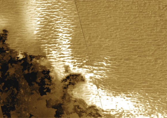 Coastal satellite image with dark vegetated terrain on one side and light-textured water or sand on the other.