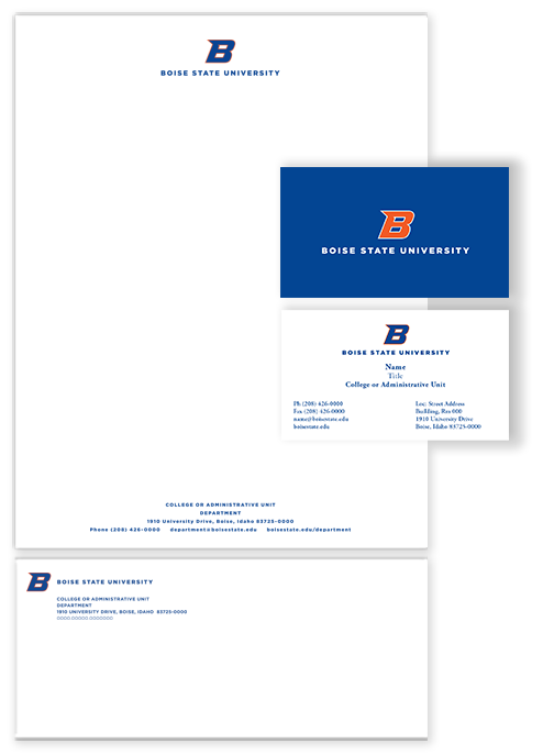 Collage of letterhead, envelope, and business cards