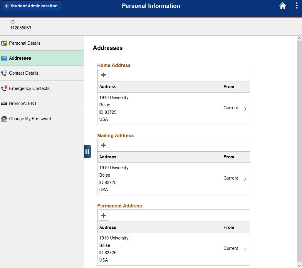 Example of the addresses page.