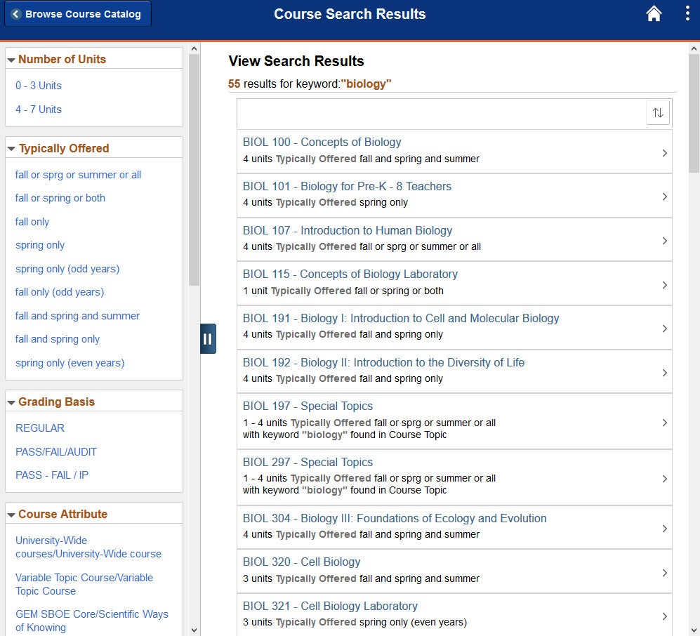 Example of Browse Course Catalog search results.