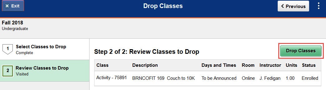 Example of step 2 of dropping a class.