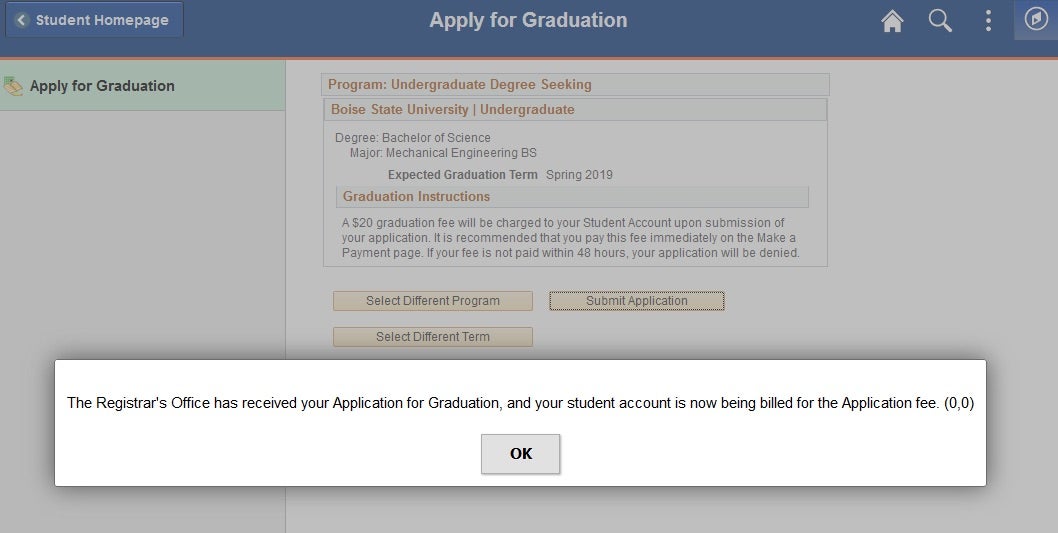 Example of the pop up message to click okay.