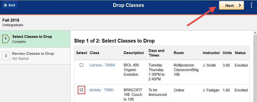 Example of selecting a class to drop.