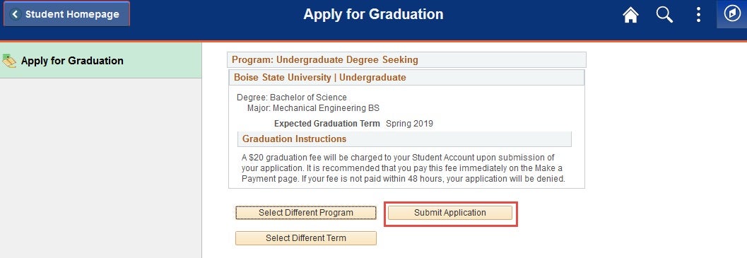 Example of clicking the submit application button.