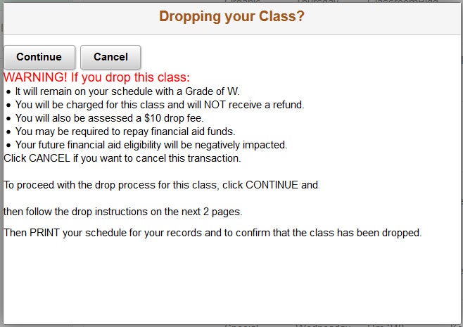 Example of the warning message for dropping a class.