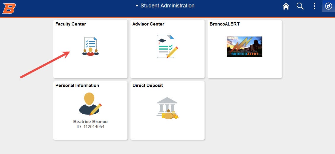Example of clicking the Faculty Center button - view larger image