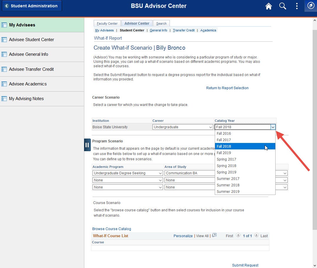 example of where to select new catalog year