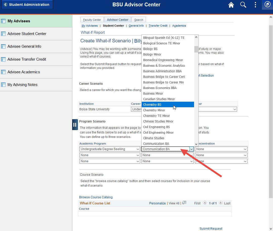 example of dropdown to change major