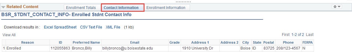 example of student contact info