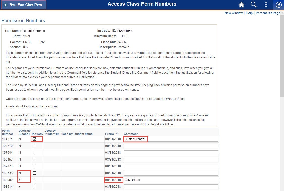 example of screen to assign permission numbers