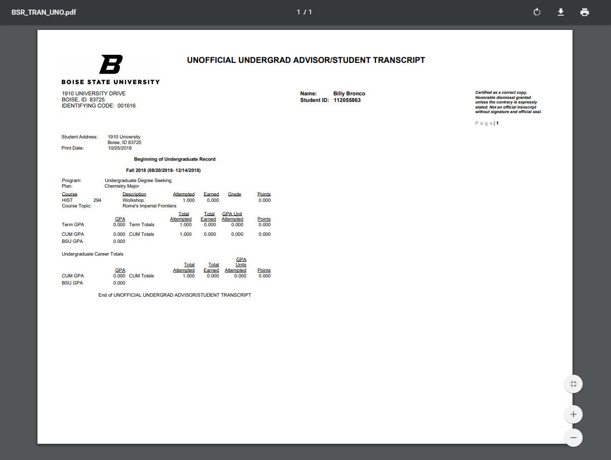 example of unofficial transcript PDF report