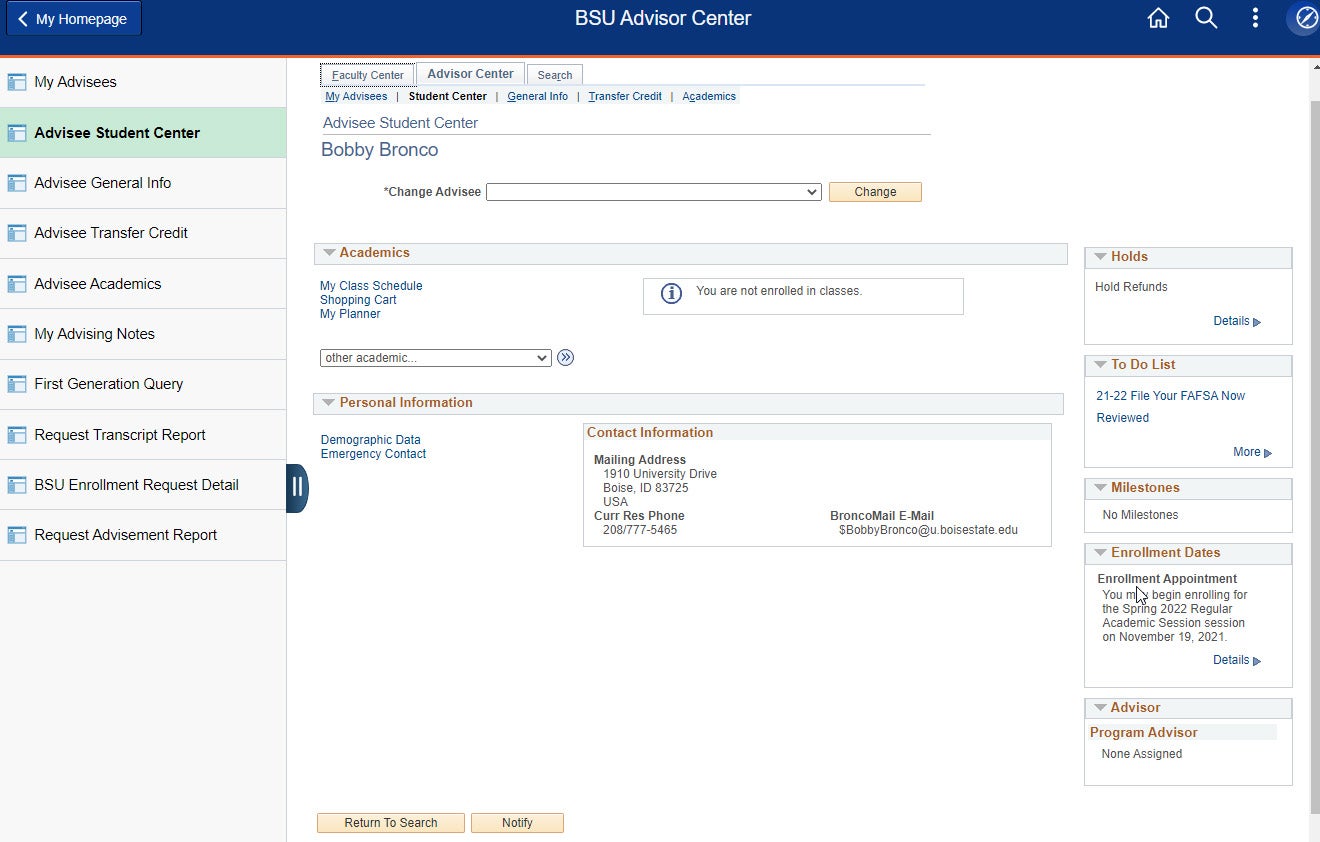 example of advisee student center page