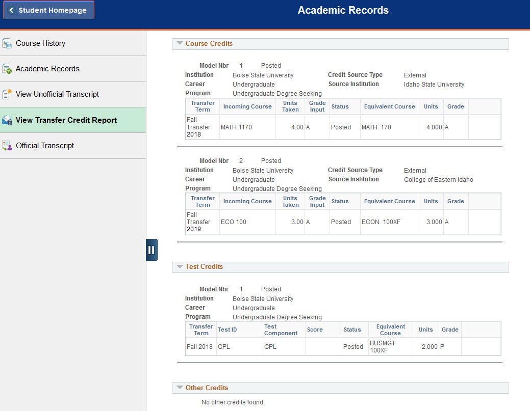 Example of a student's transfer and test credits.