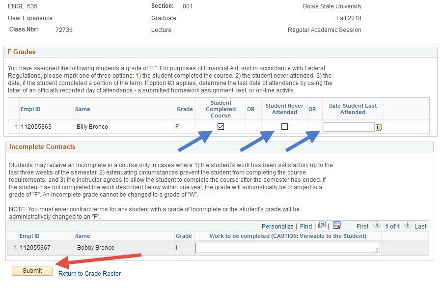 Example of selecting F grade reason for giving an F and selecting the Submit button.