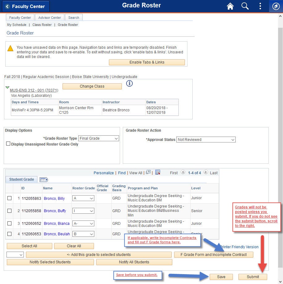 Example of the grade roster and selecting Save and Submit buttons.