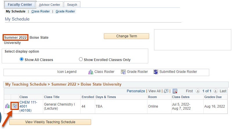 Example of clicking a grade roster icon