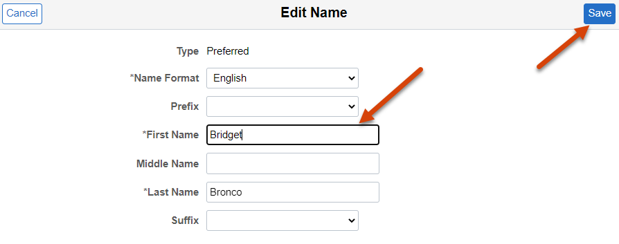 Shows updating a preferred name to Bridget Bronco