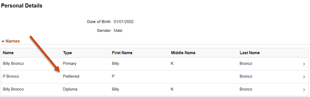 shows preferred name option in student center