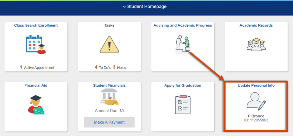Shows clicking the update personal information tile